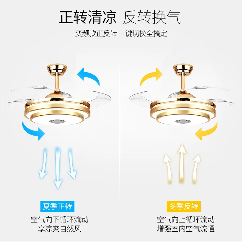 Retractable Ceiling Fan With Light And Speaker  Changing Color Led Fan Chandelier With Remote 36w (42 Inch)