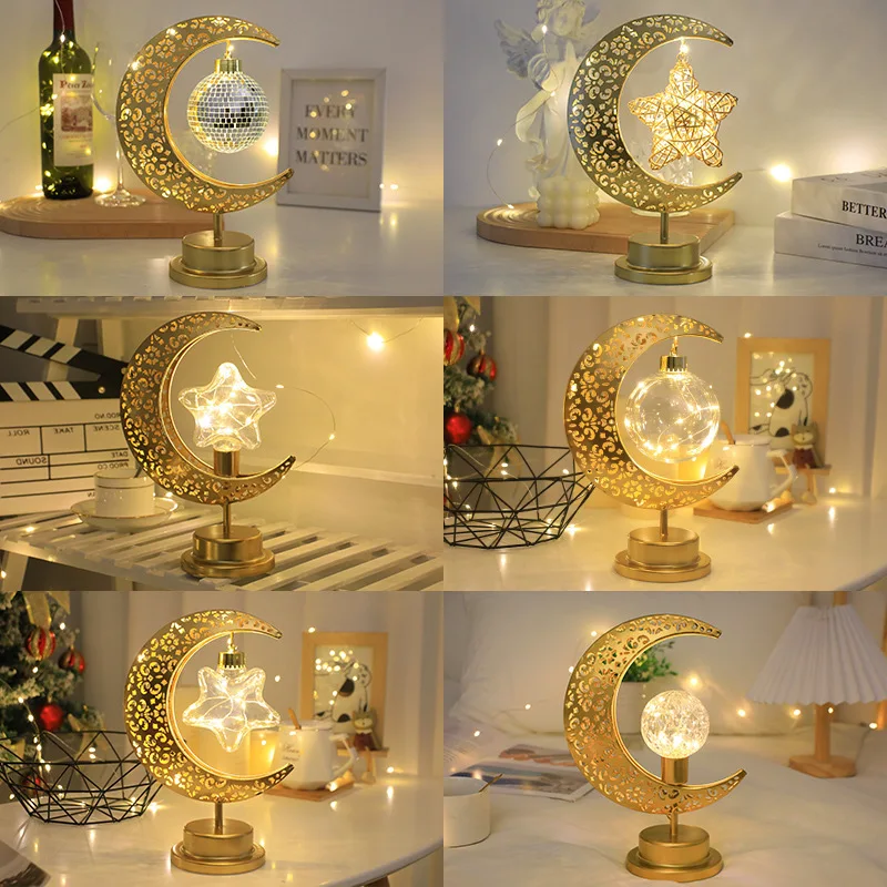 New Eid Mubarak Decor Islamic Gift Metal Crafts Ramadan Decorations Led Battery Light Moon Star Table Ramadan Night Lamps