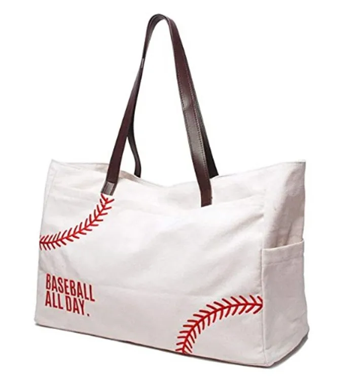 Woman Baseball Tote Handbag Large Oversize Casual Canvas Sports Mom Beach Travel Bag