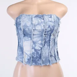 Z13174 Fashion Sexy Tie Dye Denim Camis Skinny Hollow Out Back Bandage Bustier Strapless Corset Jeans Crop Tops for Women Crop