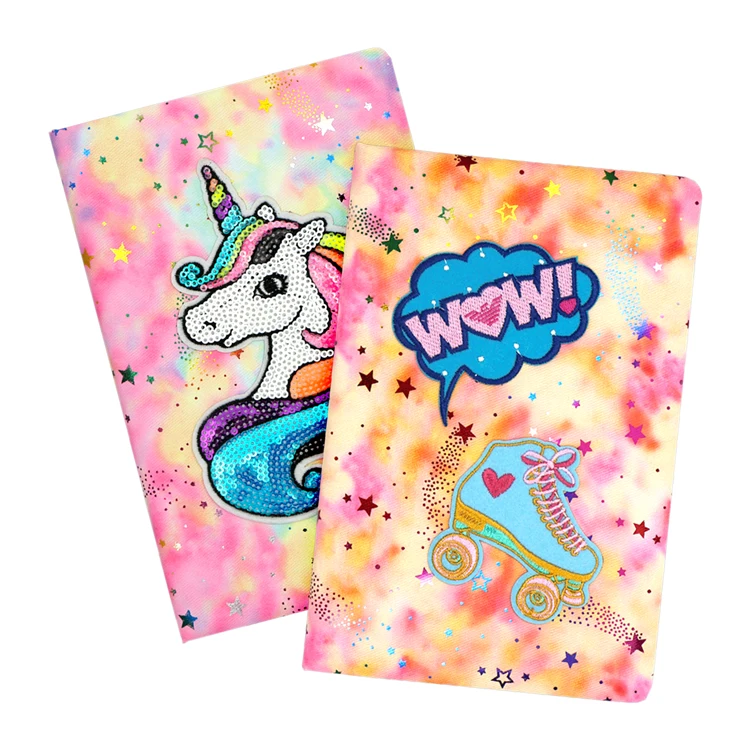 Hot Selling A5 Journal Diary Fantastic Colors Unicorn Design Fabric Cover with Sequins Patch Notebook for Girls