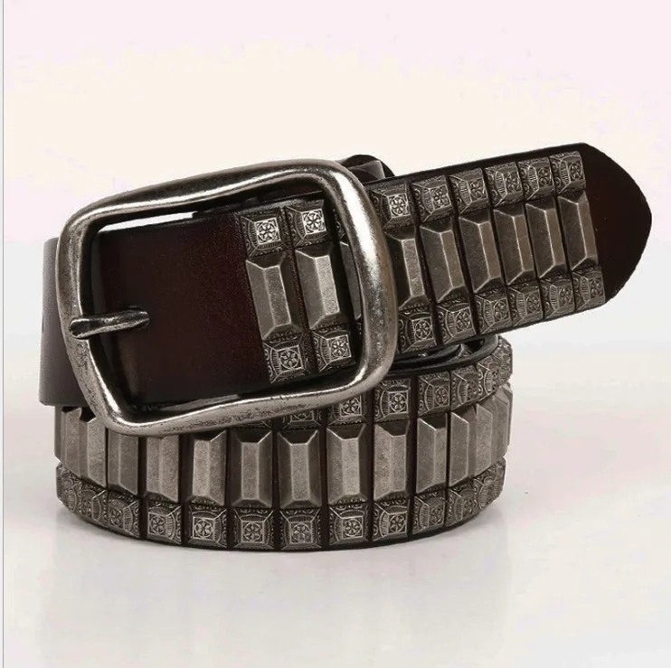 Direct Factory Custom Rivet Decoration Fashion Individuation Cow Leather Belt with Copper Buckle and Accessories