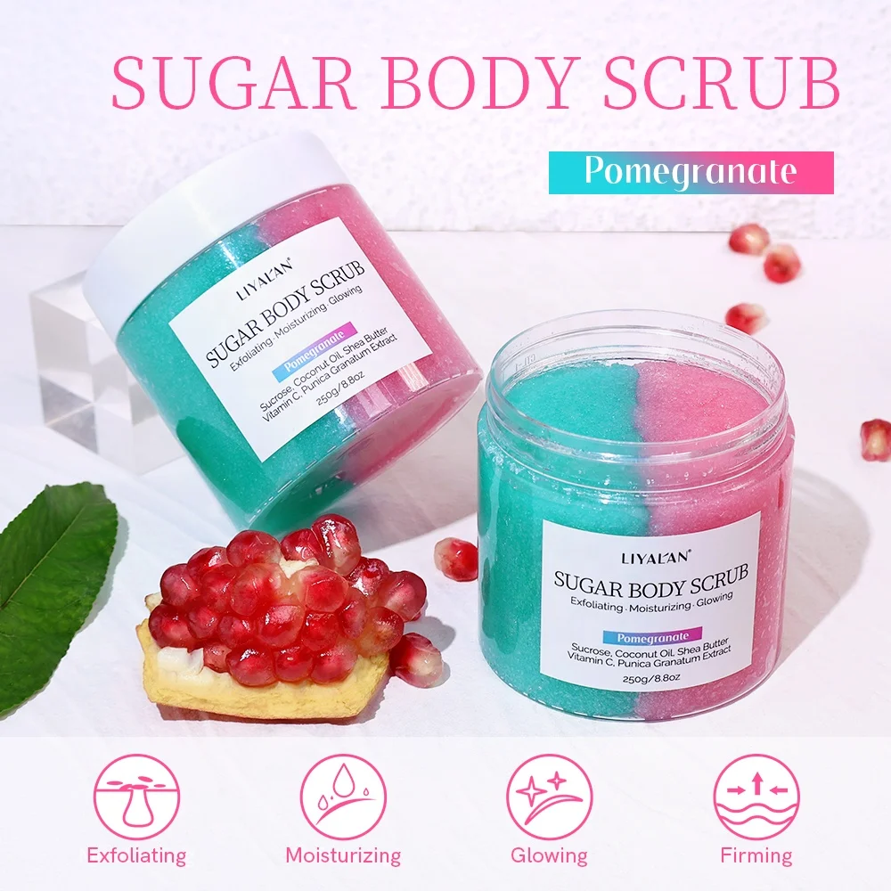 Custom Logo Skin Care Whitening Exfoliating Natural Organic Fruit Pomegranate Body Sugar Scrub