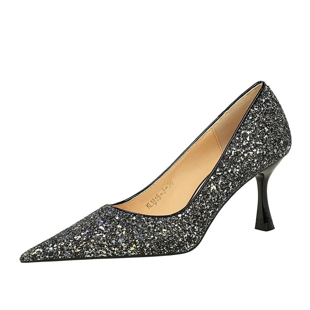 1818-3  BIGTREE Korean Fashion Banquet High Heel Shoes Metal Heel High Heel Shallow Mouth Pointed Shining Sequin Fabric Single S