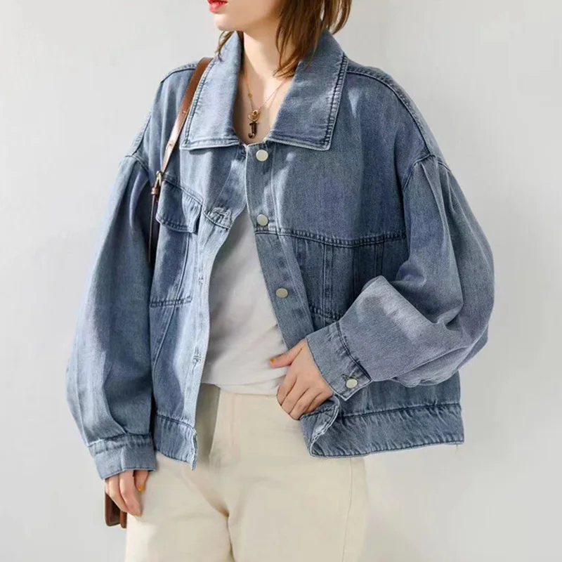 Women Loose Fit Full jacket Autumn outwear Relaxed pocket Short Coat Batwing Sleeve Denim Jacket