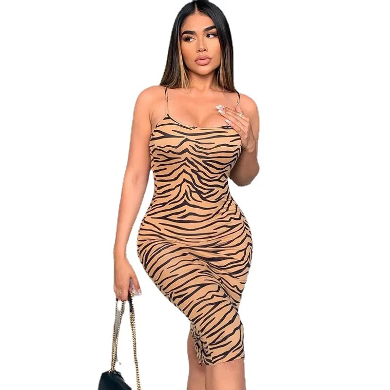 Tiger Print Sleeveless Tight Elegant Midi Dress 2021 Winter Fall Casual Fashion Club Apparel Women Wholesale Clothes