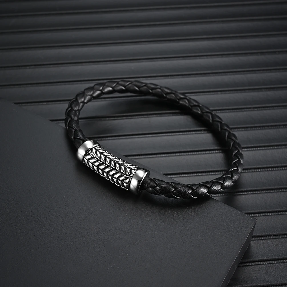 Retro Stainless Steel Twisted Wire Black Handmade Braided Leather Bracelets Jewelry Men Bracelet