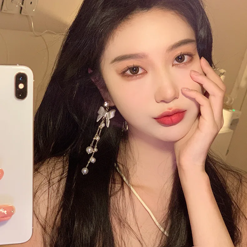 Hot sale fashion pearl tassel zircon butterfly knot long drop earrings for women