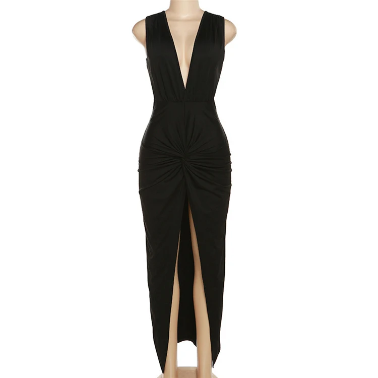 2023 Trendy New Design Elegant Slit Knot V-Neck Party Dresses Women Sexy Backless Black Sleeveless Maxi Dress Ladies