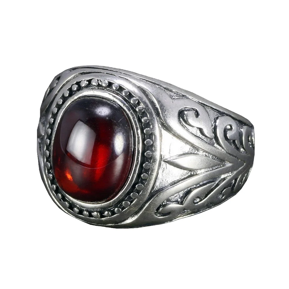 925 Sterling Silver Engraved Flowers Black Onyx Turkish Men Rings Red Garnet Stone Ring Designs For Silver Men Jewelry