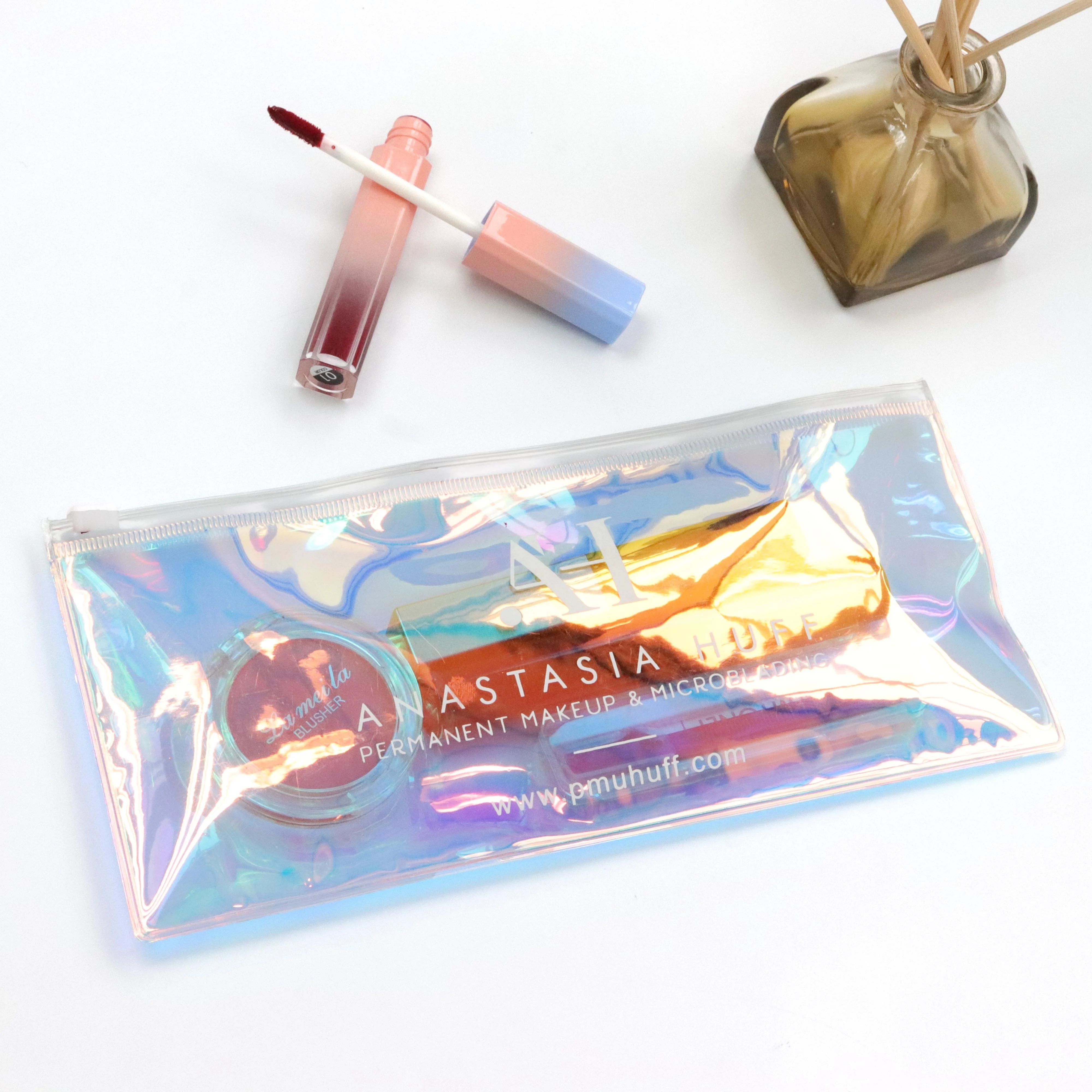 Luxury custom print logo PVC hologram packaging zipper plastic bag  for Cosmetic Makeup Eyebrow pencil  holographic zip lock bag