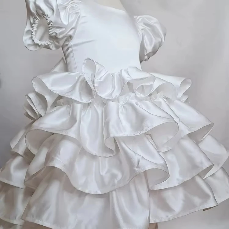 S1601R 2025 new white satin texture high-end short front and long back fluffy cake skirt temperament flower girl dress