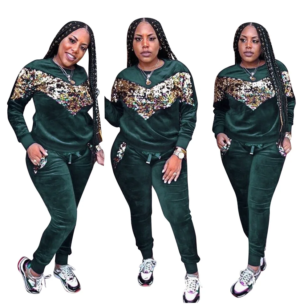 MT46-278 оптовая продажа, блестящий чистый Велюровый костюм из 2 предметов, зимний спортивный костюм для бега, простой женский спортивный костюм