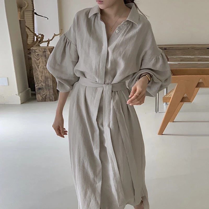 Wholesale Fall 2021 New Fashion Simple Lapel Single Breasted Casual Loose Lantern Sleeve Over The Knee Mid-length Shirt Dress