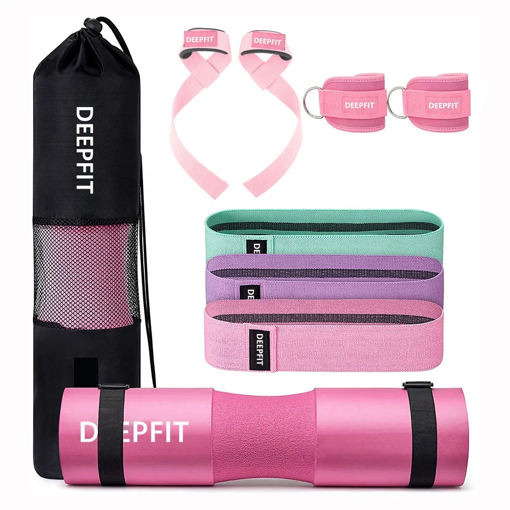 Customized Logo 7 Pack Barbell Squat Pad for Standard Set / Barbell Pad for Hip Thrusts 2 Gym Ankle Straps Hip Exercise Band
