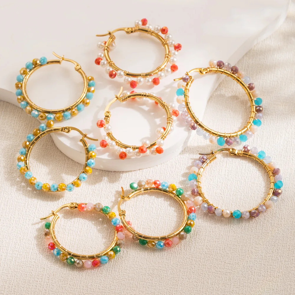 New Light Luxury Geometric Round C Shape Earring Colorful Crystal Beads Pearls Stud Earrings For Women