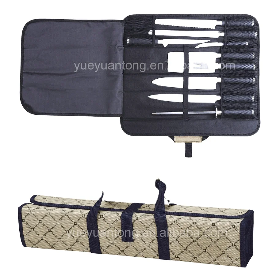 Exclusive Line 9pcs stainless steel rubber knife set with sharpener in roll bag