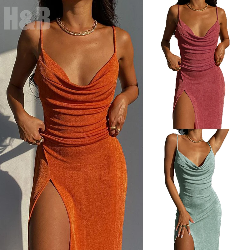 Womens Crewneck Spaghetti Strap Slit Midi Dresses Backless High Waisted 2024 Summer Fall Solid Long Dress