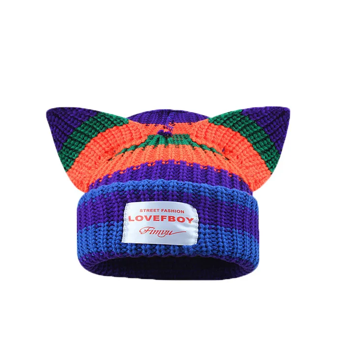 Wholesale Cute Pig Ears Patchwork Knitted Hat Unisex Clashing Colors Applique Winter Knitted Warm  Beanie Hat