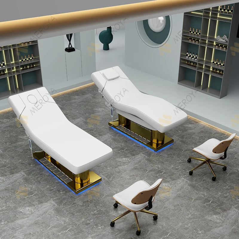 New beauty salon furniture white leather gold base massage table bed 4 motor electric control cosmetic facial spa salon bed