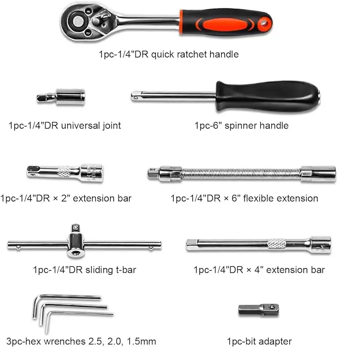 SeeMore Brand Auto Repairing and Household Metric and Extension Bar 46 Pieces 1/4 inch Drive Socket Ratchet Wrench Set