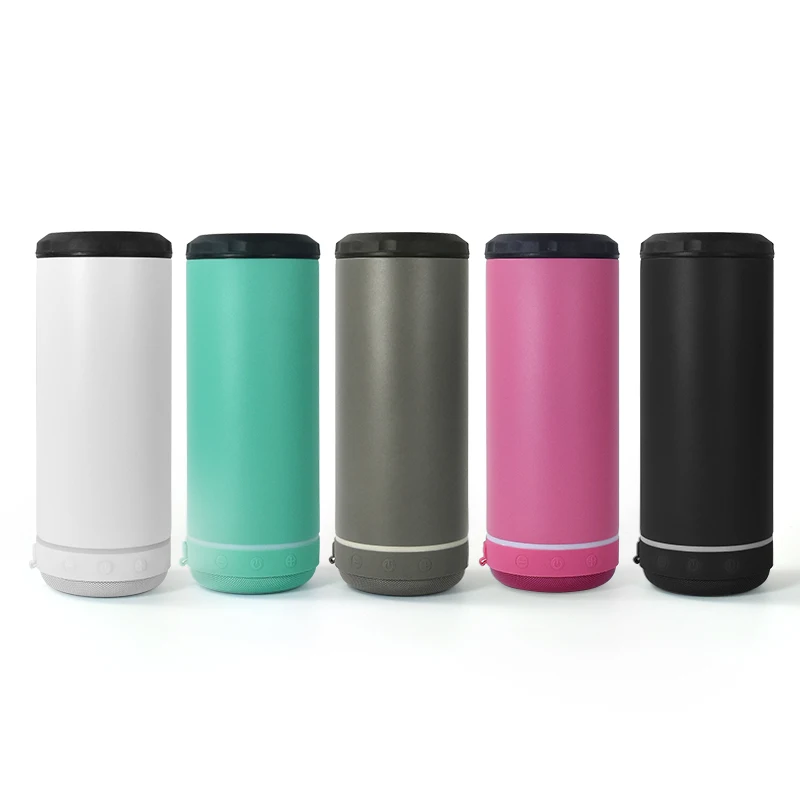 4 in 1 Double Wall Vacuum Insulated Powder Coated Stainless Steel Beer Can Cooler Speaker 16 oz Can Cooler With Wireless Speaker