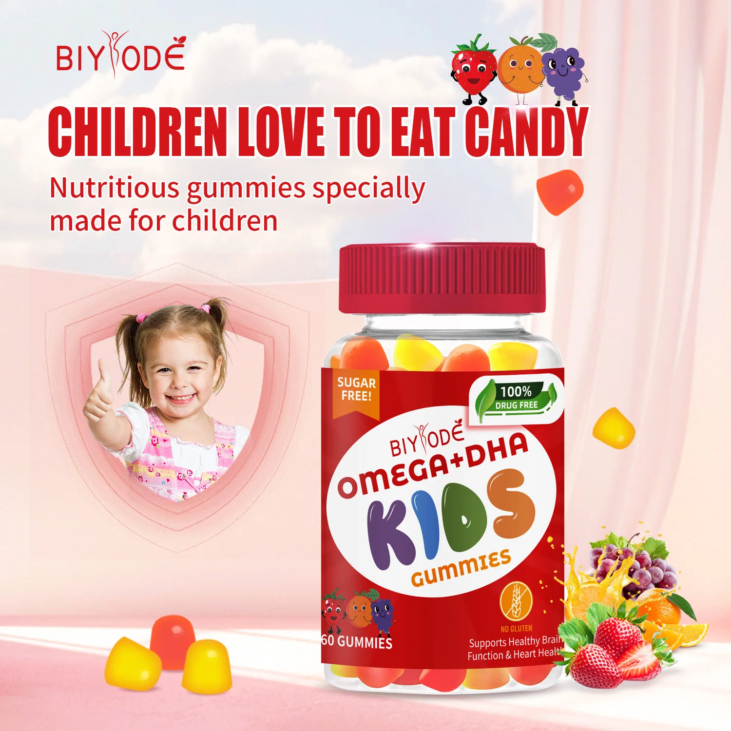 OEM ODM custom Kids Supplements Omega 3 6 9 Vitamin C D Brain Function Heart Eyes Health Children Grow Taller DHA Gummies