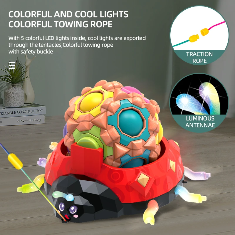 3 in 1 Rotating Magic Bean Cube Spinner Fidget Toy Football Cube Fingertip Sensory Toy Pull Rope Traction Animal Car with Light