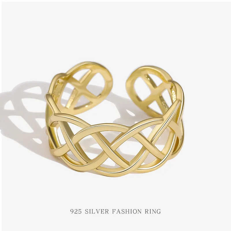 18K Gold Plated 925 Sterling Silver Openwork Rattan Braided Open Mouthed Wide Ring