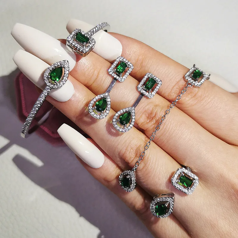 Bridal 4 Pcs/Set White Gemstone Emerald Square Bracelet Micro Pave Zircon CZ Geometric Necklace Engagement Jewelry Set