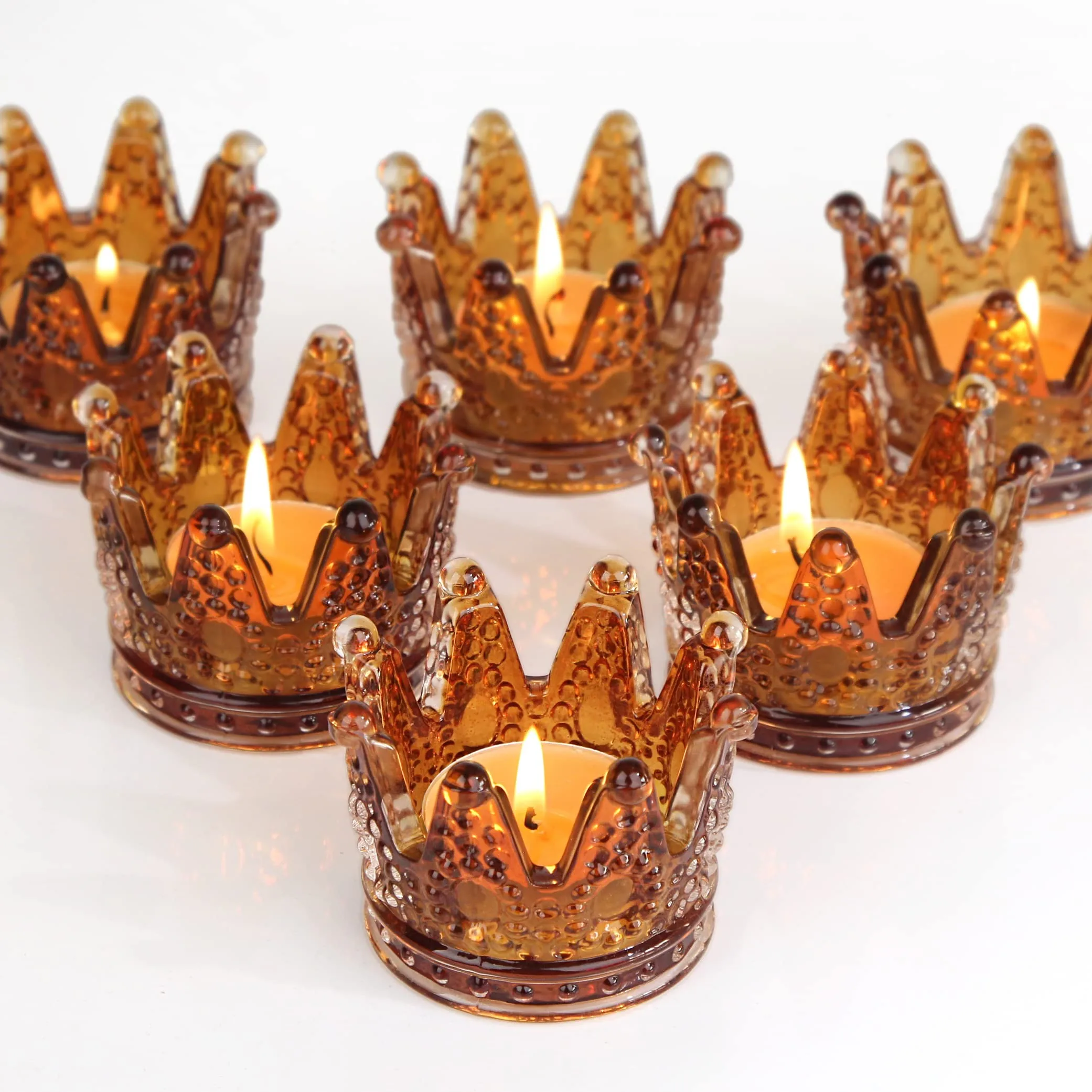 Set of 6 romantic amber crystal texture crown candle glass holder