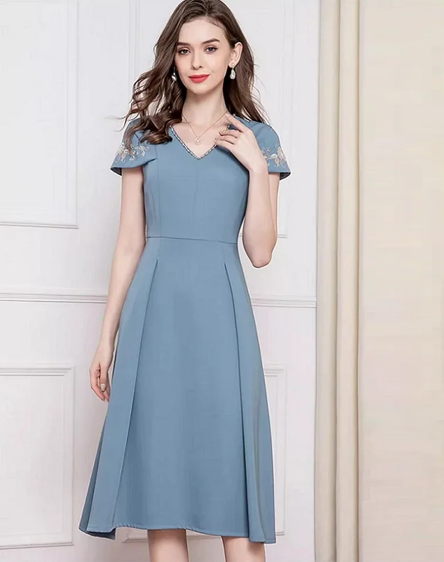 3xl Dress Vestidos De Fiesta 2024 Spring Summer Party Events Women V-Neck Lurex Embroidery Beading Short Sleeve Black Blue Dress