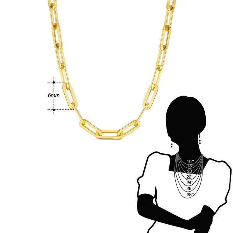 S925 Made in Italy Solid 14K Gold Plated Over Sterling Silver Italian 2.2*6 Paperclip Link Chain Necklace for Women Men