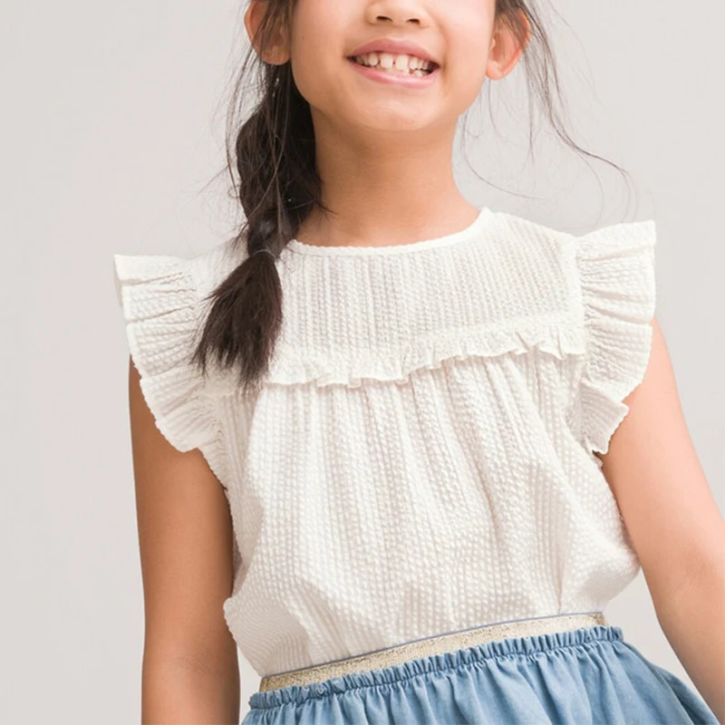 Oem Cotton Mix Ruffle Blouse In Waffle Knit With Short Sleeves Open Back With Ruffled Cut-out Blouse