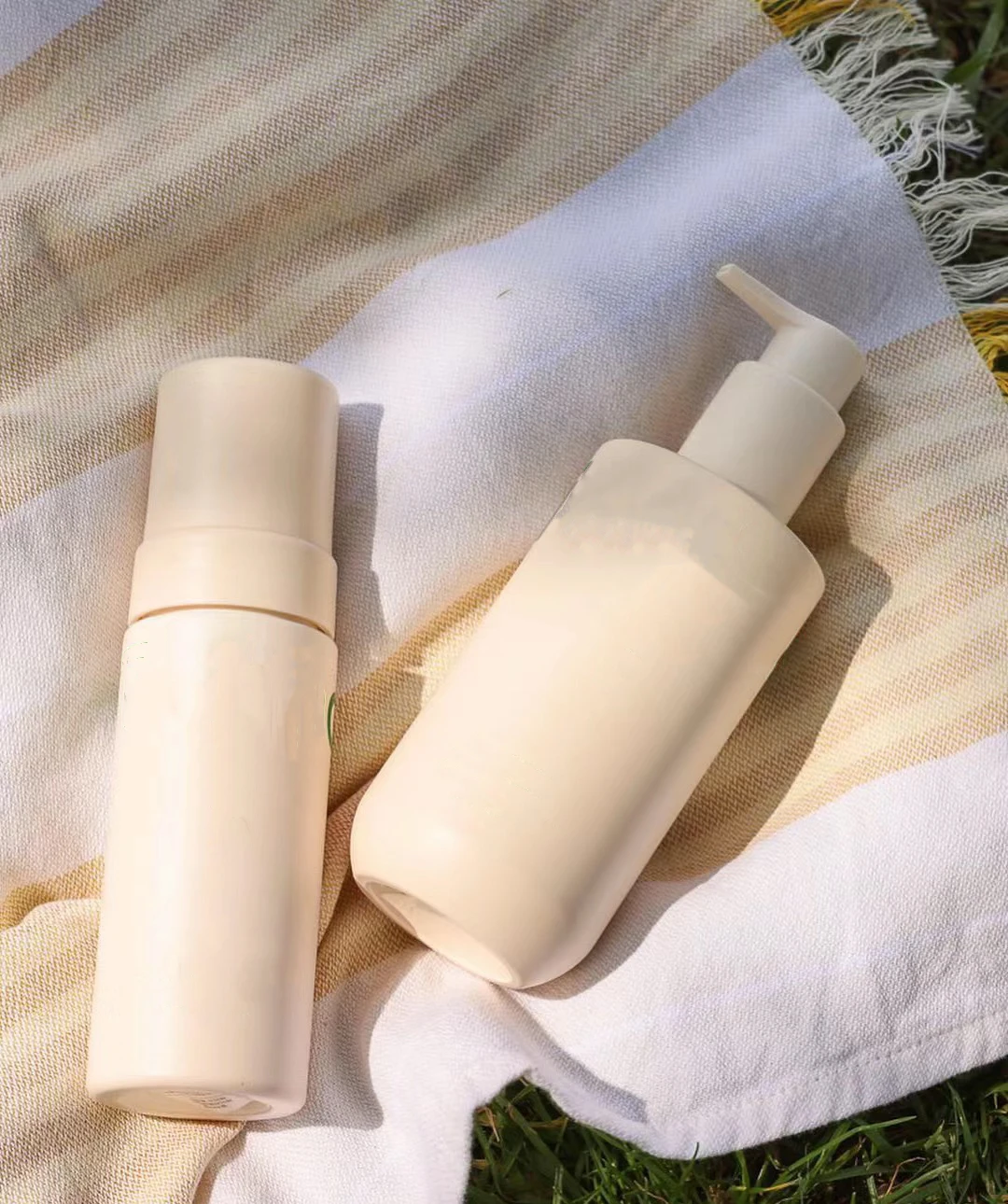 Custom elegant soft touch designer beige shower gel bottle luxury 350ml 250ml 300ml pet bottle for shampoo with pump