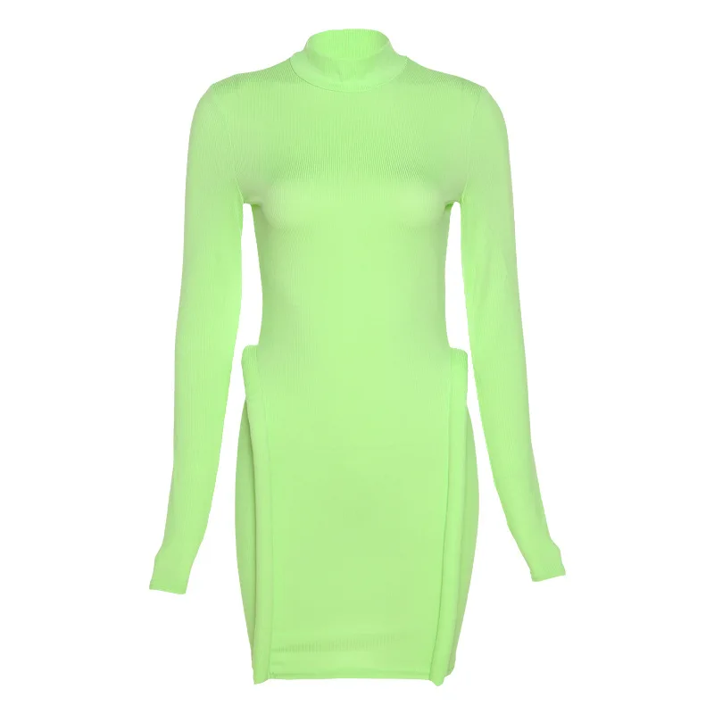 Knitted Stitching Mini Dress Women Hipster Skinny Three-dimensional Decoration Long Sleeve Turtleneck Streetwear Bodycon Dress