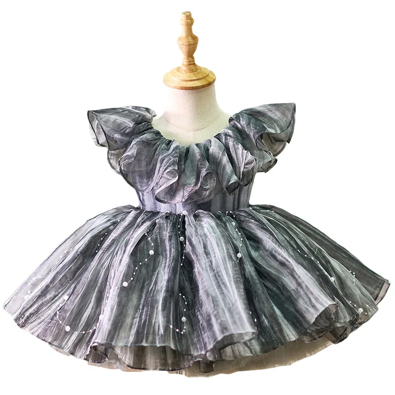 2025 Newest High Grade Princess Grey Elegant Birthday Dress Kids Pearl Prom Gown Children Piano Performance Costume Dresses