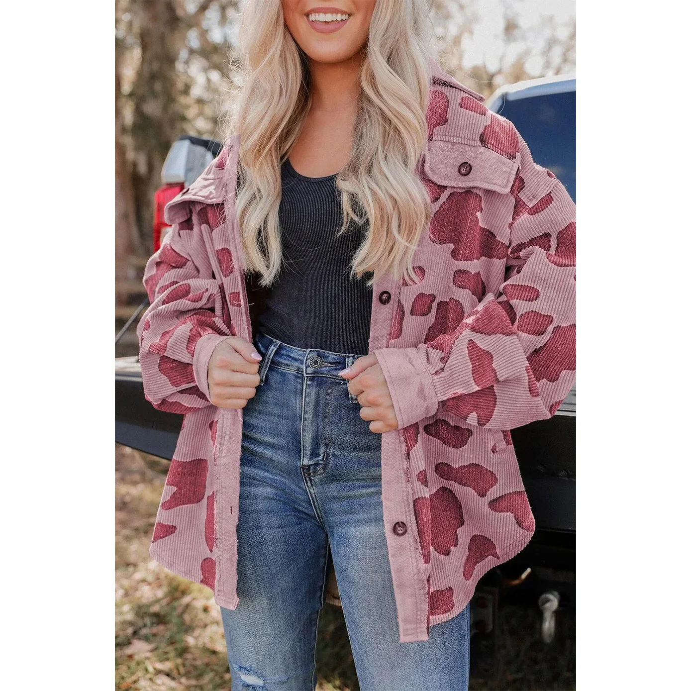 Autumn Women Leopard Cow Print Corduroy Cardigan Jacket