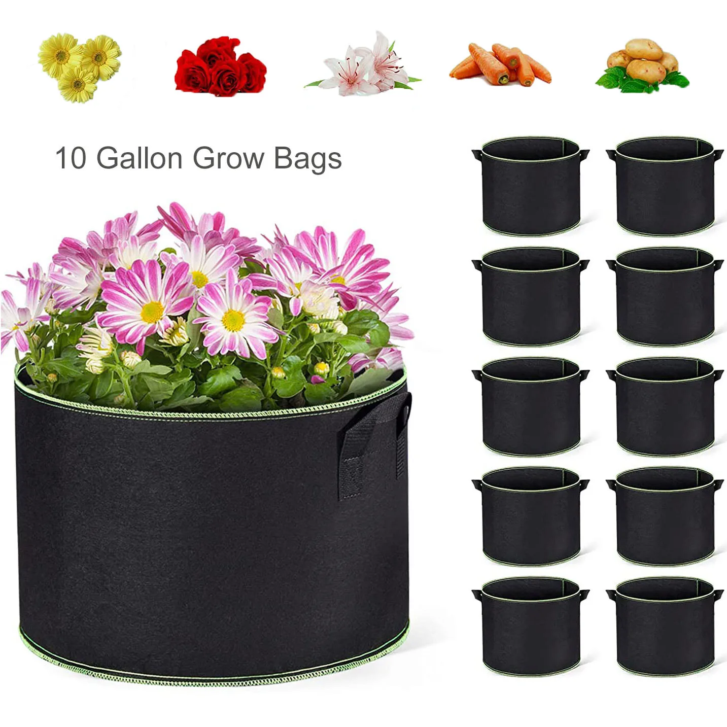 10 Pack 10 Gallon Grow Bags, Heavy Duty Aeration Fabric Pots, Thickened Nonwoven Fabric Planter for Vegetables Plant Pot
