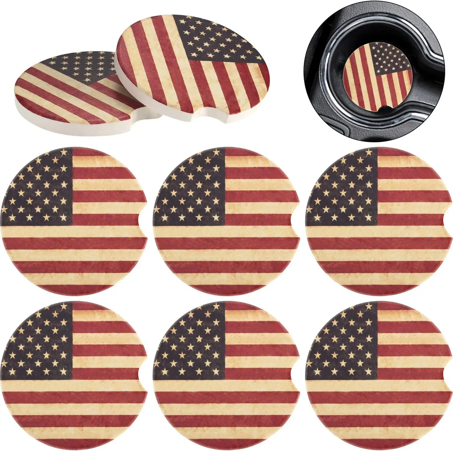 8 Packs USA Flag Cup Coasters Ceramic 2.56 Inch Stone Car Cupholder Absorbent Coaster Set for Drinks Cup (Red)