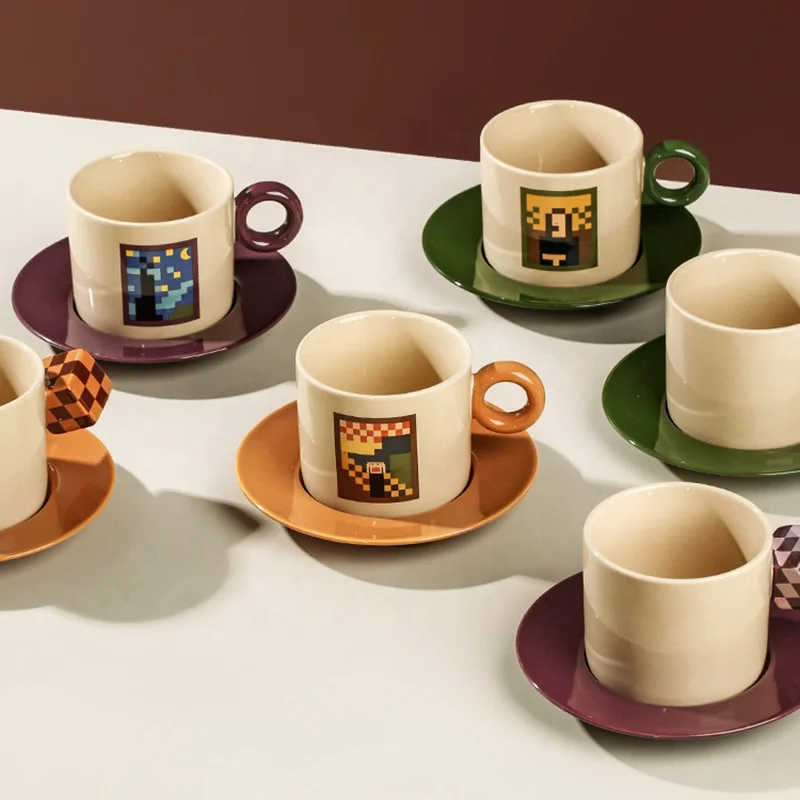 Pixel Style Ceramic Tea set Porcelain Mug Dinnerware Pure Glazed Tea set New Bone China Kitchen Decoration with Saucer Set