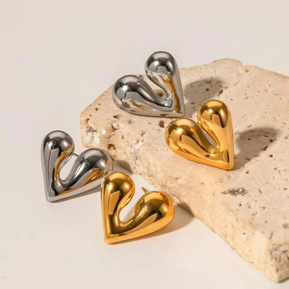Popular 18k Gold Stainless Steel Personalized Liquid Heart-Shaped Waterproof Wholesale Earrings bijoux en acier inoxydable