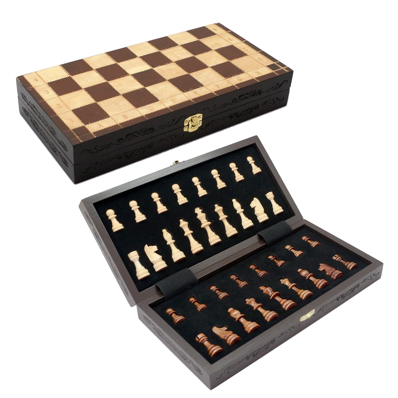 Scrollwork on Sides Chess Set 11.4' Magnetic Wooden Chess Game Set Elegant Chess Box with Gold Accents