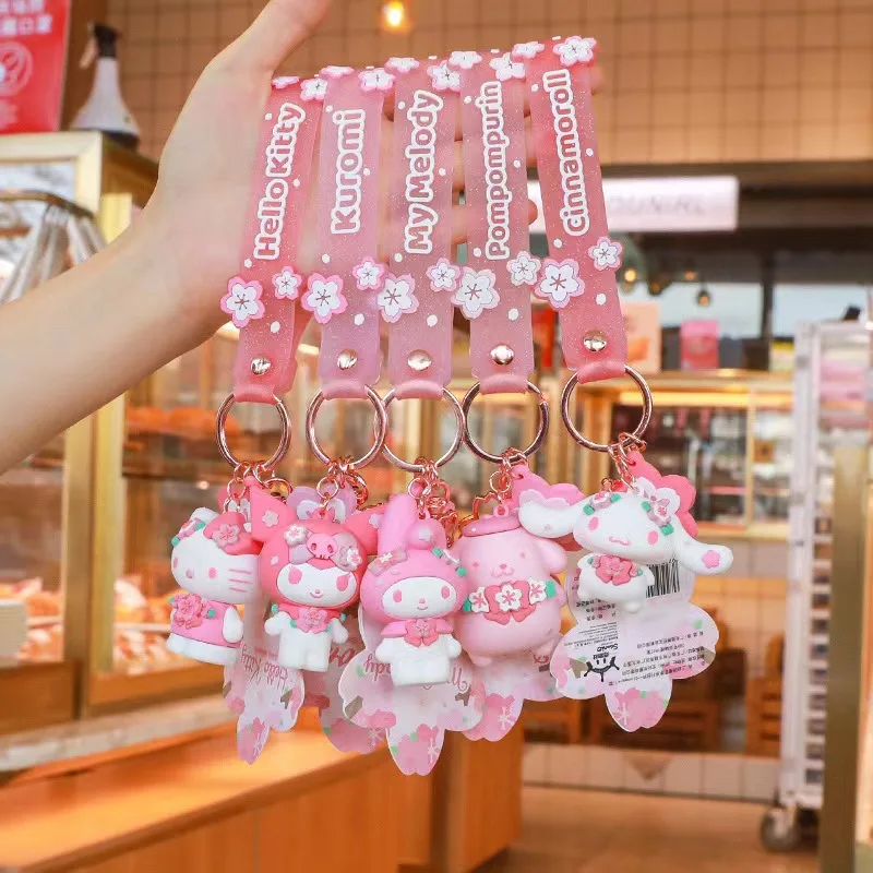 Kawaii Hello Kitty Keychain Pink Kuromi Melody Cinnamoroll Car Pendant Key Ring Ornaments Toys Kids Dolls Girl&Child Gift