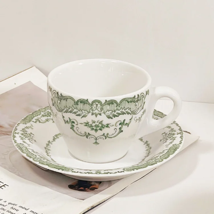 Ready to ship European style retro rose flowers white ceramic coffee cups and saucers afternoon tea cups custom logo