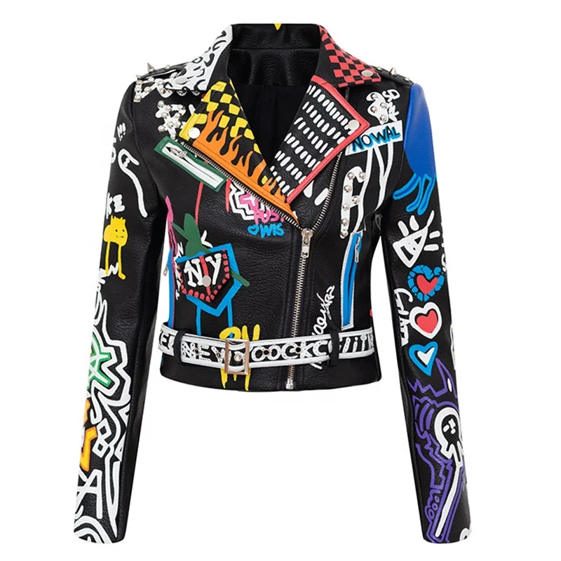 Ramax Fashion Women Faux PU Leather Motorbike Graffiti Print Punk Style Cropped Leather Jacket