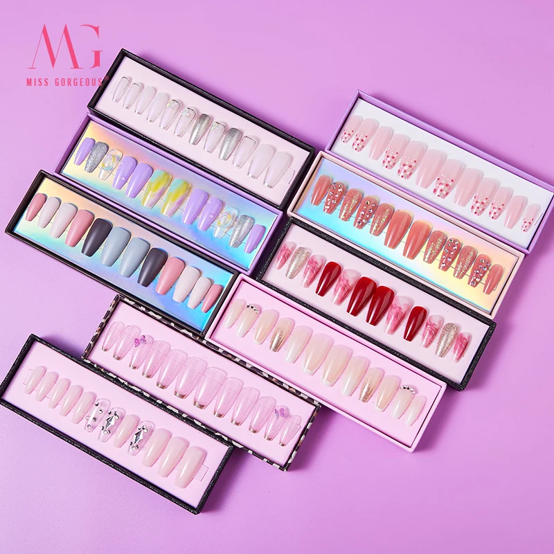 24pcs In Stock Wholesale Price Short Ballerina Coffin Shining Stars Diamond Nails Art Press On Nails Artificial Nails