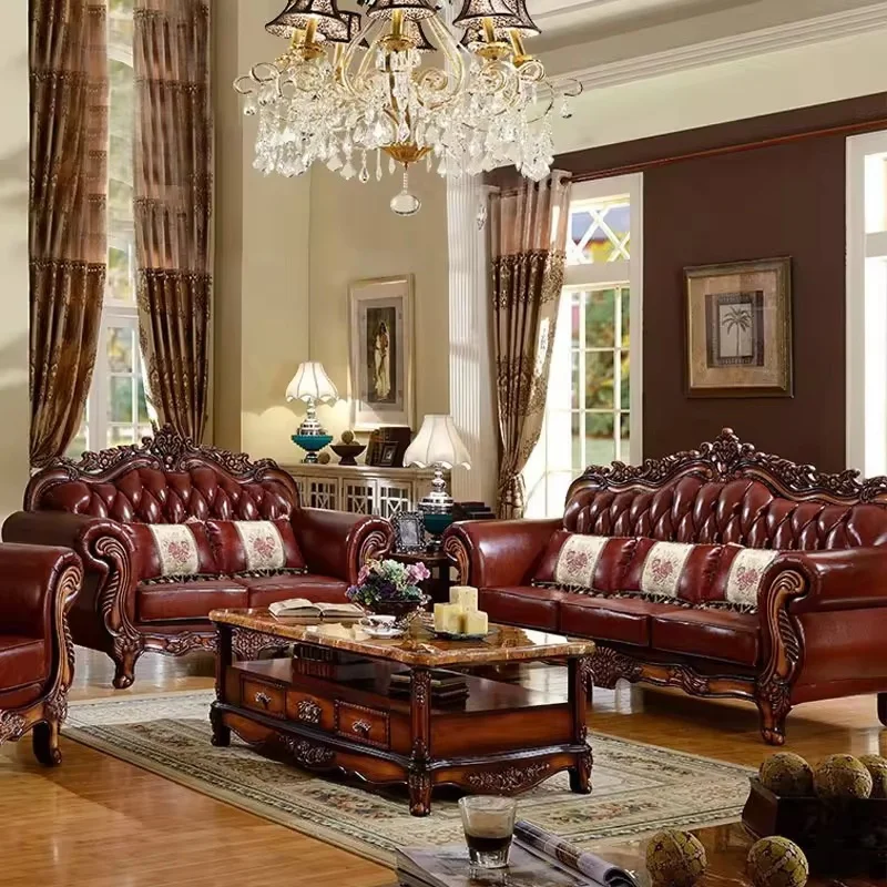 High-Quality European Leather Sofa Wood Hot-Selling Luxury Brown Vintage Sofa Elegant  Furniture Premium Leather Upholstery