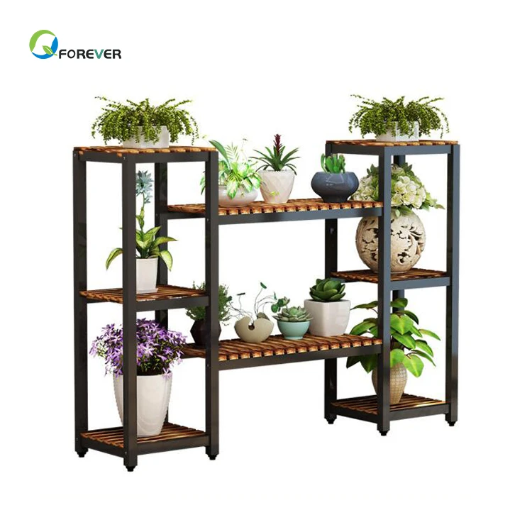 Simple Balcony Flower Stand Rack Wrought Iron Wood Multi-Layer Plant Rack