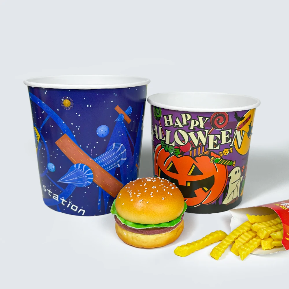Custom printed biodegradable kraft food paper pail snack container disposable fries popcorn fried chicken paper bucket with lid